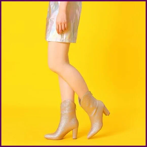 Glitter Pointy Toe Mid Calf Boots with Block Heel and Back Zipper - Picture 3 of 7